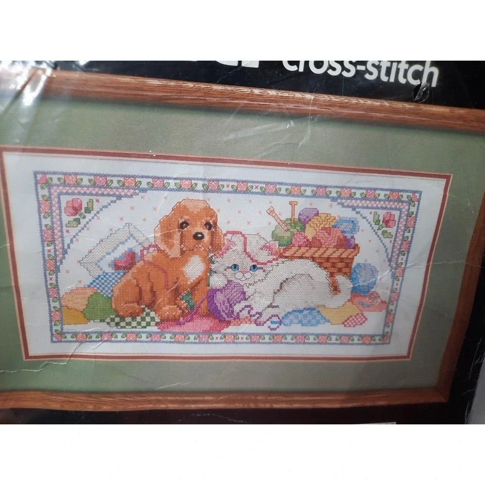 Vintage Bucilla Stamped Cross Stitch Kit Playful Pals 40488 16x8 Puppy Kitten
